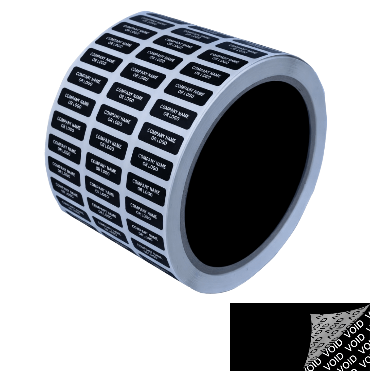 250 TamperColor® Black Custom Printed Security Labels: Tamper Evident, Rectangle 0.75" x 0.25" (19mm x 6mm) >Click on item details to customize.