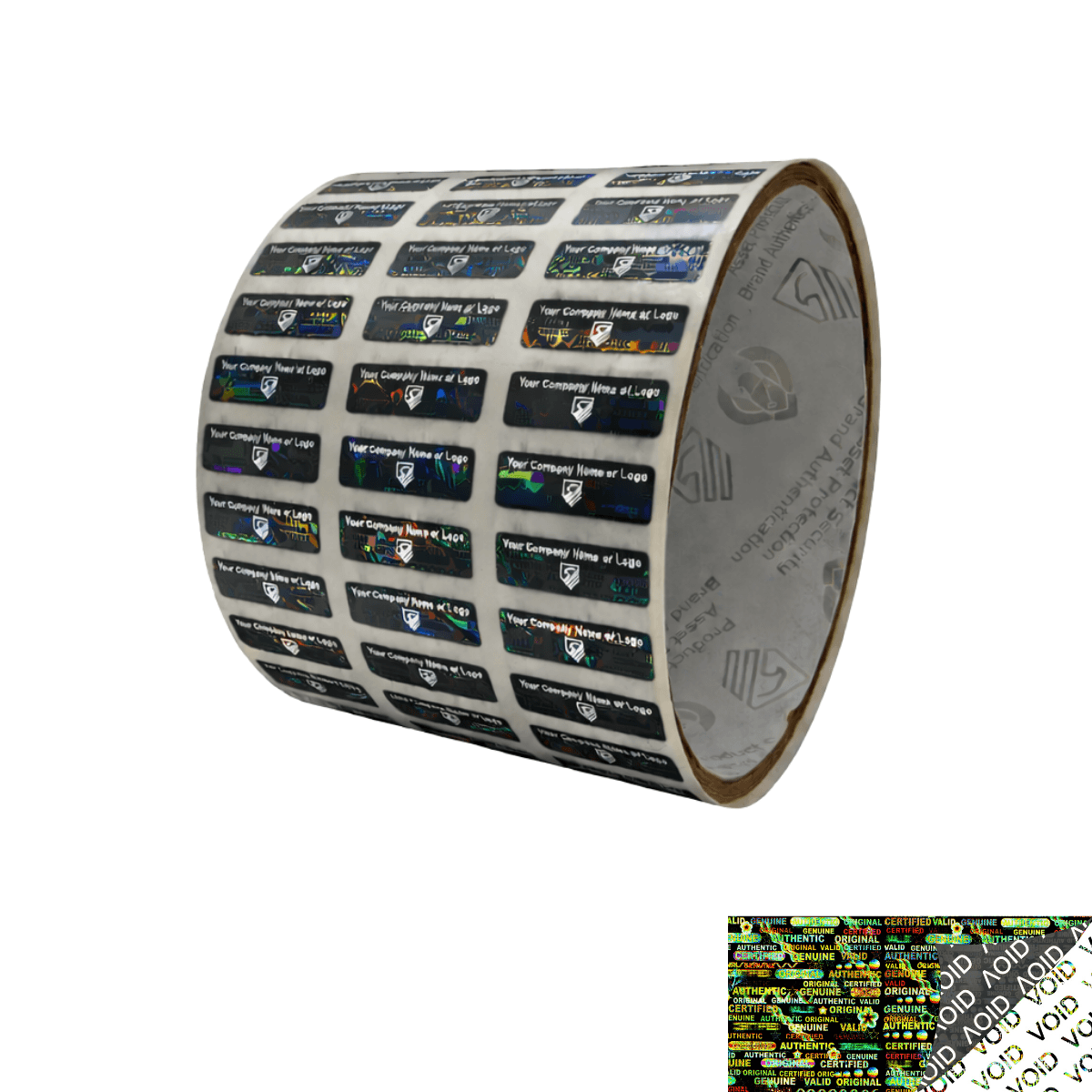 250 Black Tamper Evident Security Hologram Label Seal Sticker, Rectangle 0.75" x 0.25" (19mm x 6mm). CustomPrinted. >Click on item details to Customize.