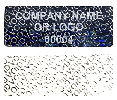 250 Black Tamper Evident Security Holographic Label Seal Sticker, Rectangle 1" x 0.375" (25mm x 9mm). CustomPrinted. >Click on item details to Customize.
