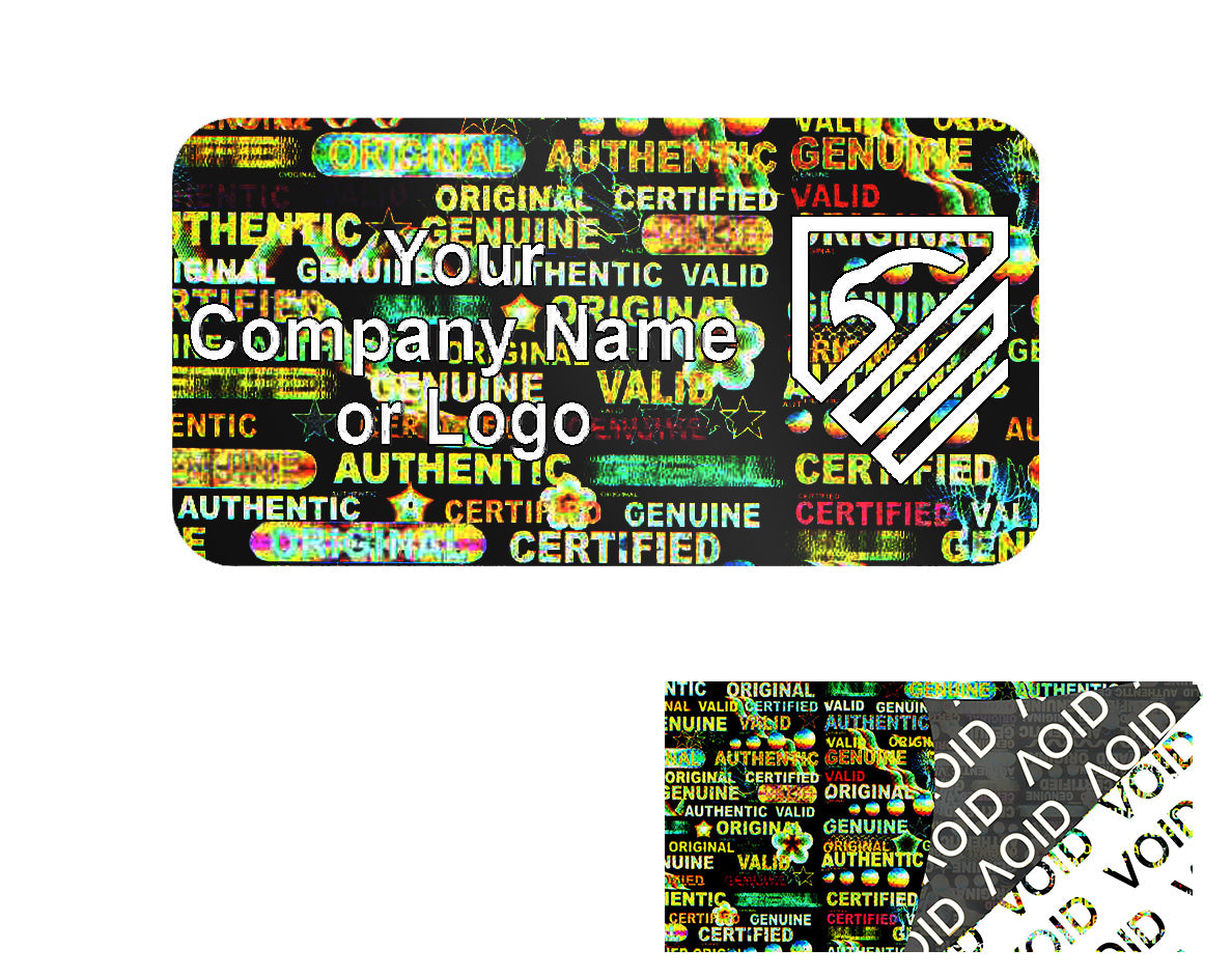 10,000 Black Tamper Evident Security Hologram Blue Label Seal Sticker, Rectangle 1" x 0.5" (25mm x 13mm). CustomPrinted. >Click on item details to Customize.