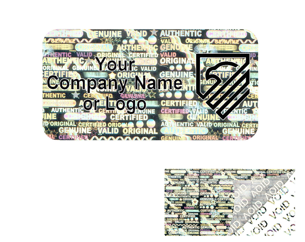 2,000 Silver Tamper Evident Security Holographic Label Seal Sticker, Rectangle 1" x 0.5" (25mm x 13mm). CustomPrinted. >Click on item details to Customize.