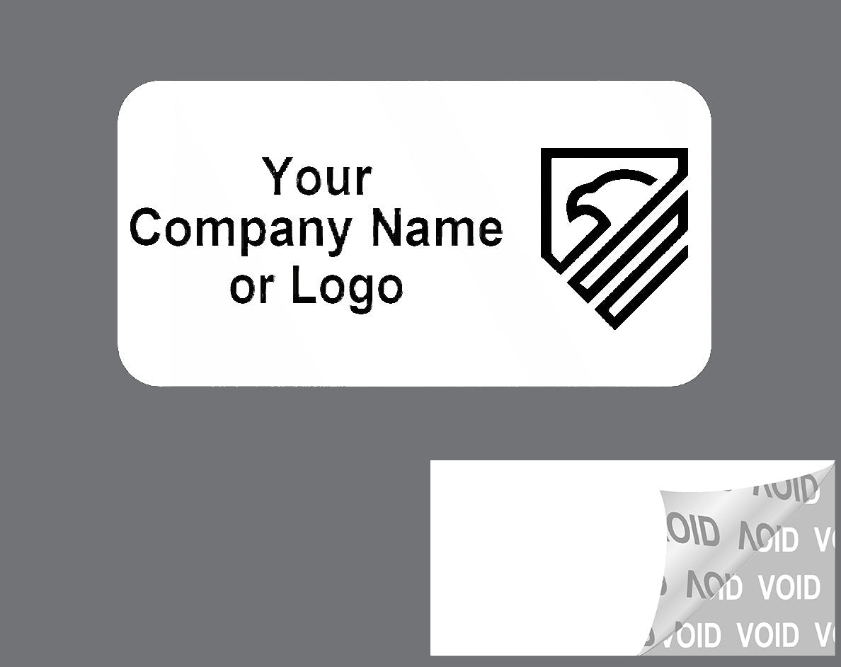 5,000 Tamper Evident Security Labels White TamperVoidPro Seal Sticker, Rectangle 1" x 0.5" (25mm x 13mm). Custom Printed. >Click on item details to customize.