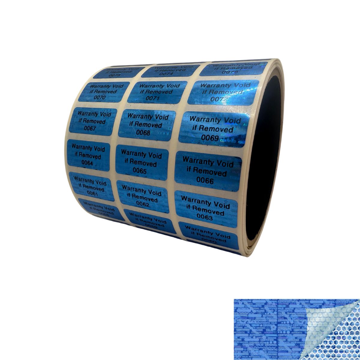 5,000 Blue Tamper Evident Holographic Security Label Seal Sticker TamperMax® Blue, Rectangle 1" x 0.5" (25mm x 13mm). Printed: Warranty Void if Removed + Serialization