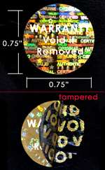 500 Gold Tamper Evident Holographic Gold Security Label Seal Sticker TamperMax®, Circle 0.75" diameter (19mm). Printed: Warranty Void if Removed + Serialization