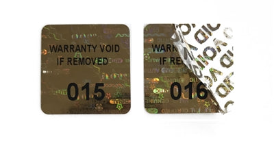 250 Gold Tamper Evident Holographic Security Label Seal Sticker TamperMax®, Square 1" x 1" (25mm x 25mm). Printed: Warranty Void if Removed + Serialization