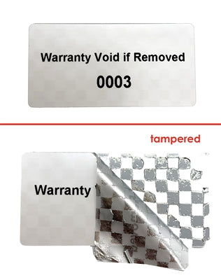 1,000 TamperVoidPro® Metallic Silver Matte Tamper Evident Security Labels Seal Sticker, Rectangle 2" x 1" (51mm x 25mm). Printed: Warranty Void if Label Removed + Serial Number.