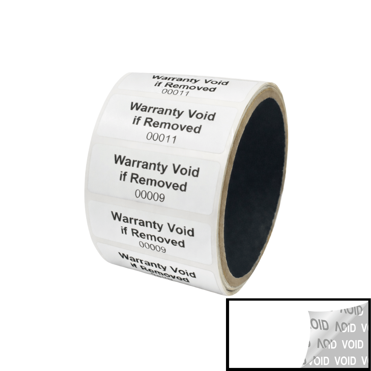 250 TamperVoidPro® White Tamper Evident Security Labels Seal Sticker, Rectangle 2" x 0.75" (51mm x 19mm). Printed: Warranty Void if Removed + Serialization