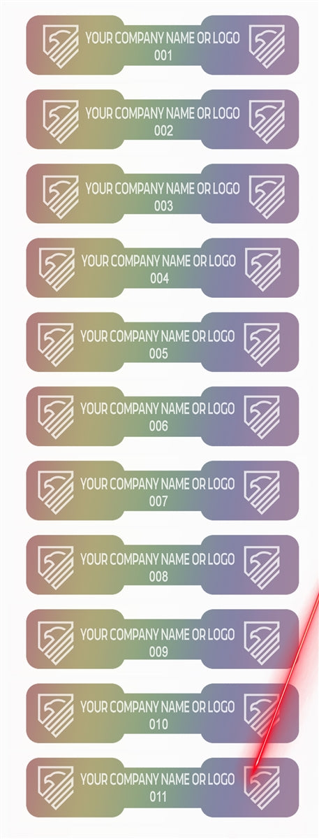5,000 Rainbow TamperColor® Tamper Evident Security Label Seal Sticker, Dogbone Shape Size 1.75" x 0.375 (44mm x 9mm).Demetalized Laser Customization. >Click on item details to customize it.