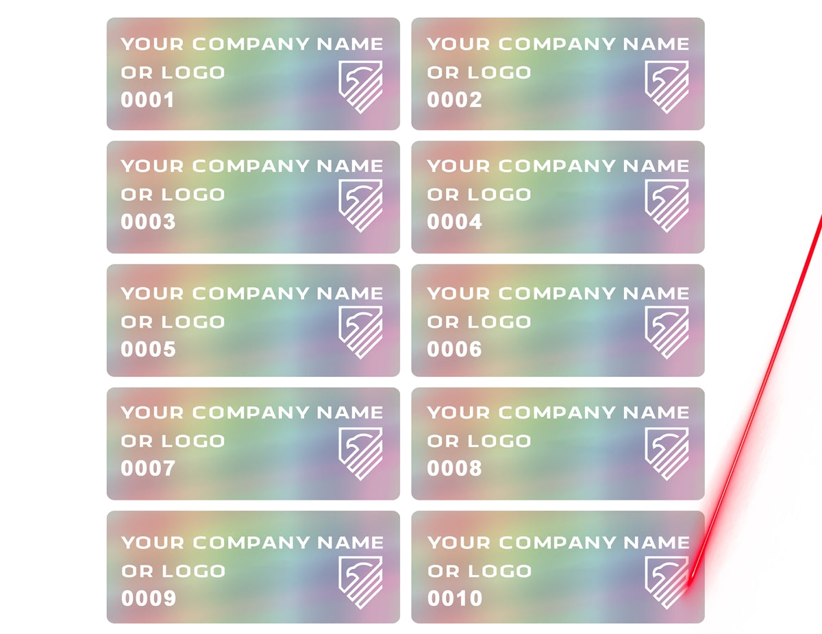 5,000 Holographic Rainbow TamperGuard® Tamper Evident Security Label Seal Sticker Non Residue, Rectangle 1.5" x 0.6" (38mm x 15mm). Demetalized Laser Customization. >Click on item details to customize it.