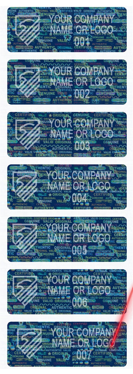 10,000 Tamper Evident Holographic Bright Blue Security Label Seal Sticker, Rectangle 2" x 0.75" (51mm x 19mm). Demetalized Laser Customization. >Click on item details to customize it.