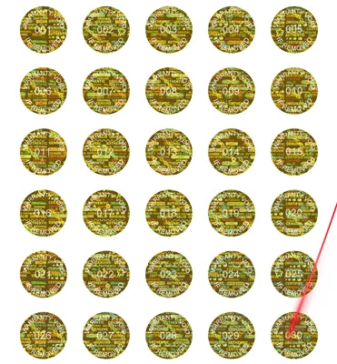 5,000 Tamper Evident Holographic Golden Security Round Label Seal Sticker, Round/ Circle 0.625" diameter (16mm). Demetalized Laser Customization. >Click on item details to customize it.