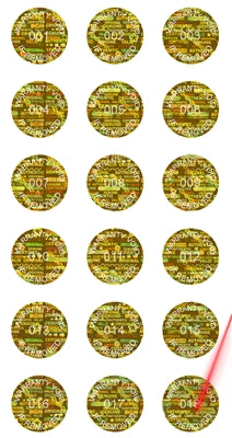 5,000 Tamper Evident Holographic Gold Security Round Label Seal Sticker, Round/ Circle 0.75" diameter (19mm). Demetalized Laser Customization. >Click on item details to customize it.
