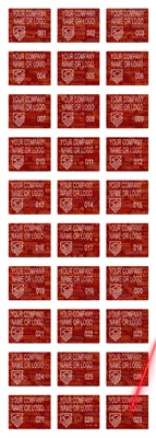 5,000 Tamper Evident Holographic Bright Red Security Label Seal Sticker, Rectangle .75" x 0.6" (19mm x 15mm). Demetalized Laser Customization. >Click on item details to customize it.