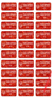 5,000 Tamper Evident Holographic Bright Red Security Label Seal Sticker, Rectangle 1" x 0.375" (25mm x 9mm). Demetalized Laser Customization. >Click on item details to customize it.
