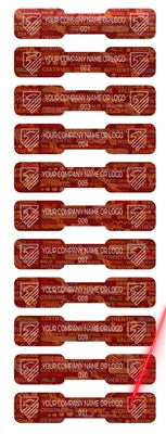 5,000 Tamper Evident Holographic Bright Red Security Label Seal Sticker,Dogbone 1.75" x 0.375" (44mm x 9mm). Demetalized Laser Customization. >Click on item details to customize it.