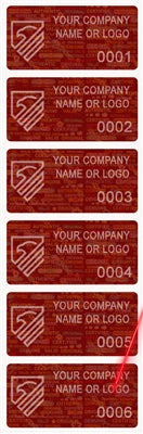 5,000 Tamper Evident Holographic Bright Red Security Label Seal Sticker, Rectangle 2" x 1" (51mm x 25mm). Demetalized Laser Customization. >Click on item details to customize it.