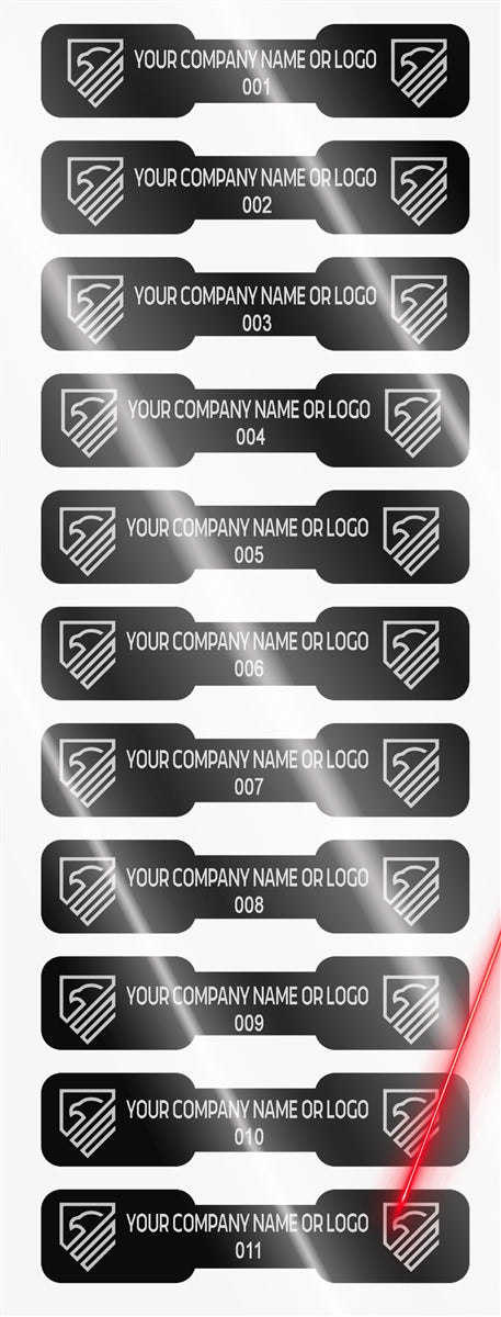 5,000 Silver Bright TamperVoidPro Tamper Evident Security Labels Seal Sticker, Dogbone Shape Size 1.75" x 0.375 (44mm x 9mm). Demetalized Laser Customization. >Click on item details to customize it.