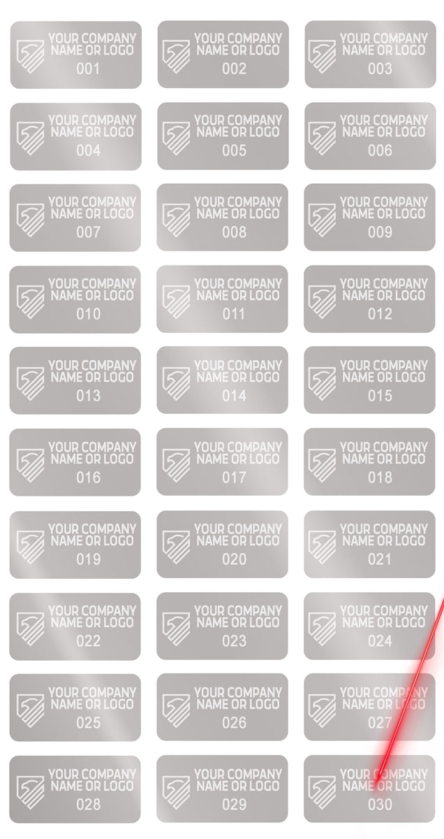 2,000 Silver Matte TamperVoidPro Metallic Tamper Evident Security Labels Seal Sticker, Rectangle 0.1" x 0.5" (25mm x 13mm). Demetalized Laser Customization. >Click on item details to customize it.