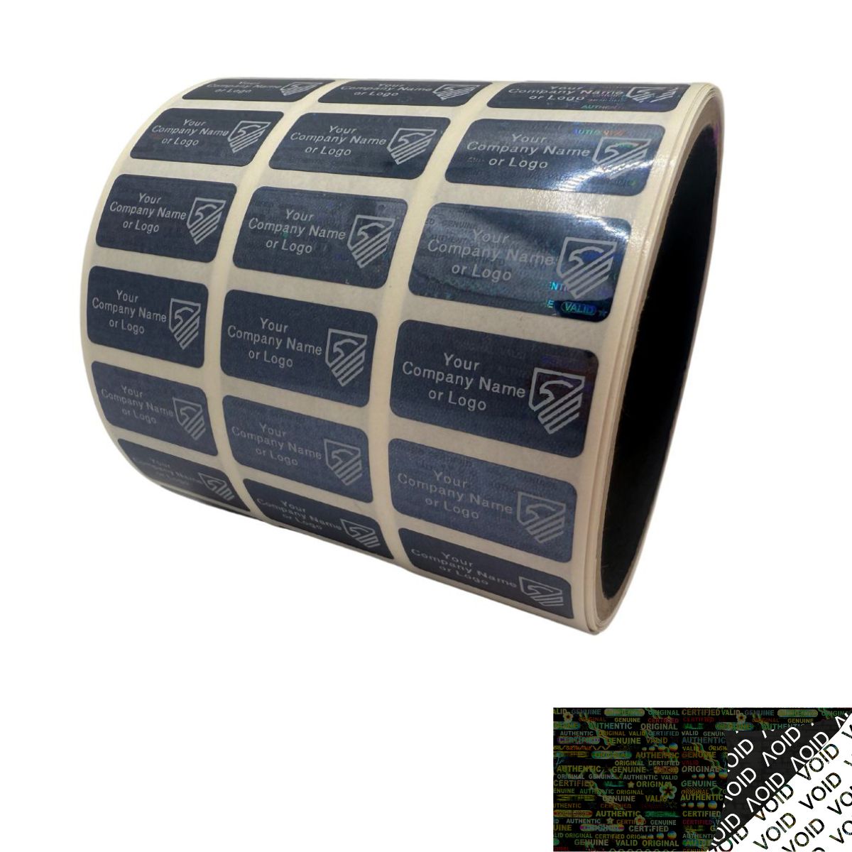 5,000 Black Tamper Evident Security Holographic Label Seal Sticker, Rectangle 1" x 0.5" (25mm x 13mm). CustomPrinted. >Click on item details to Customize.