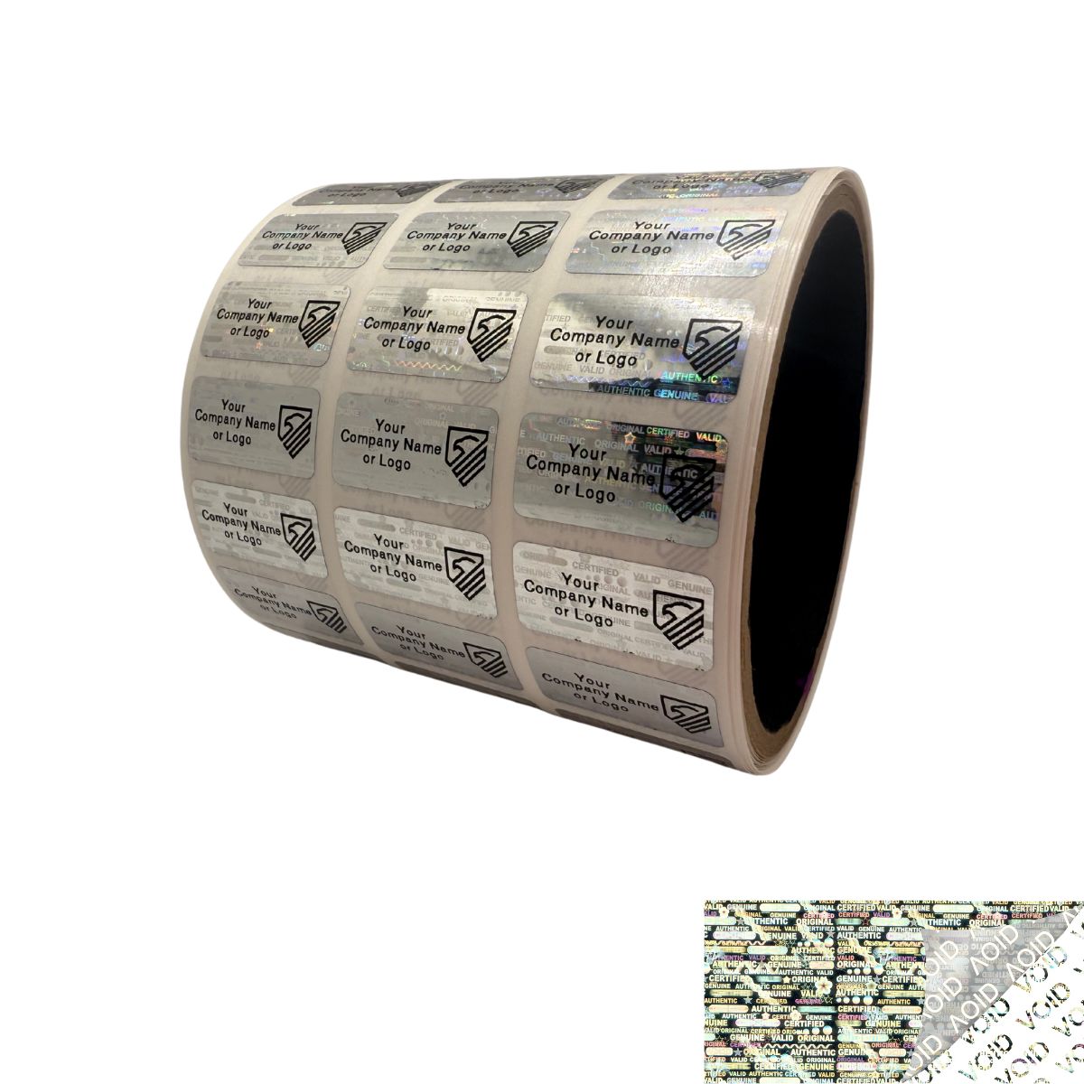 5,000 Silver Tamper Evident Security Holographic Label Seal Sticker, Rectangle 1" x 0.5" (25mm x 13mm). CustomPrinted. >Click on item details to Customize.
