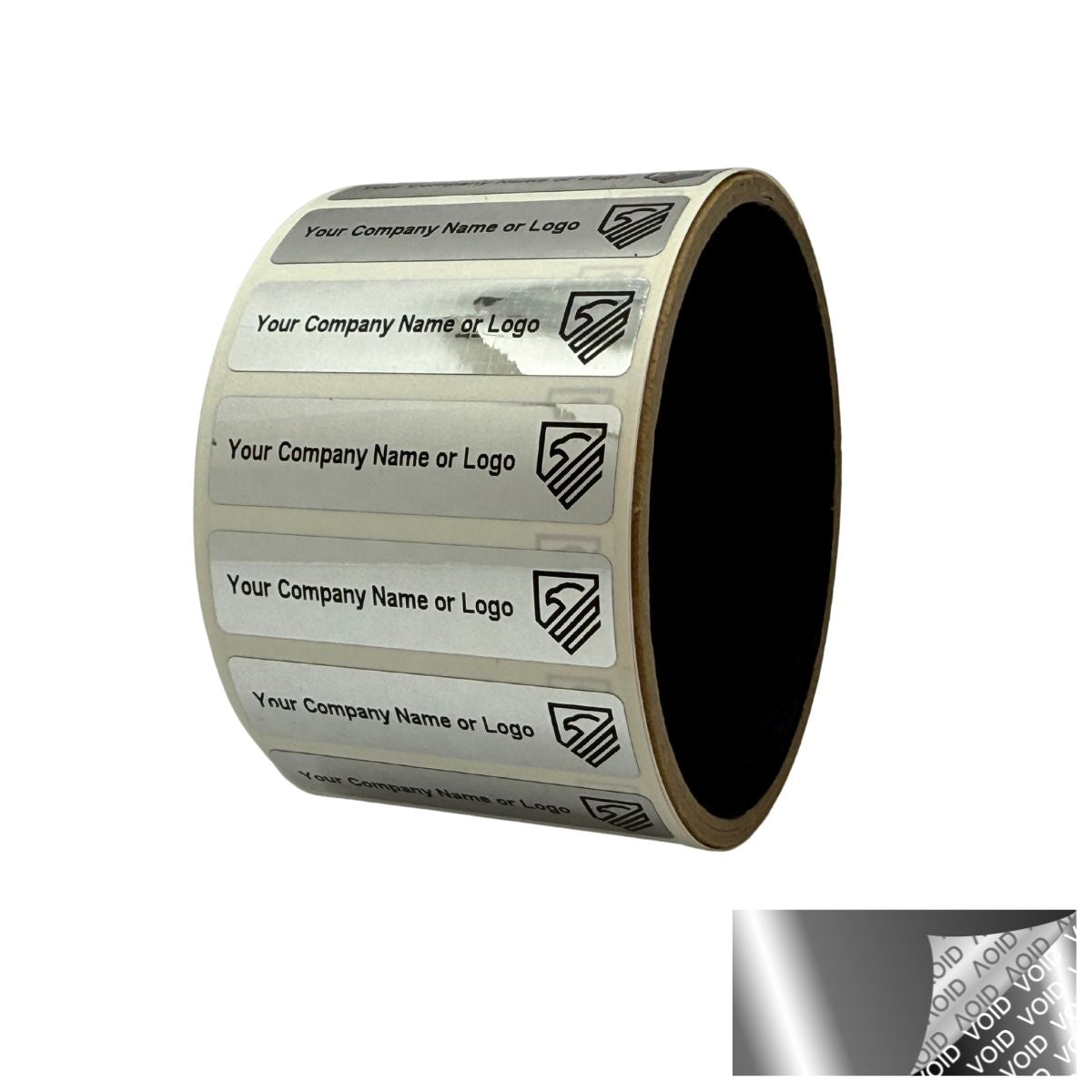 5,000 Metallic Tamper Evident Security Labels Silver Chrome TamperVoidPro Seal Sticker, Rectangle 1" x 0.5" (25mm x 13mm). Custom Printed. >Click on item details to customize.