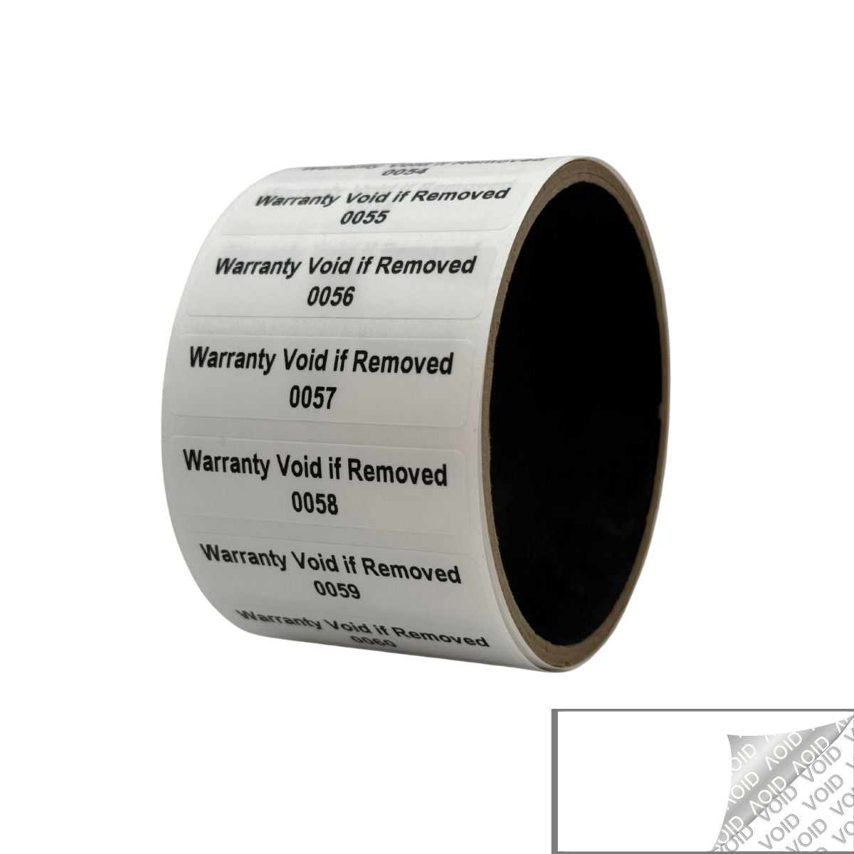 250 White TamperColor® Tamper Evident Security Label Seal Sticker, Rectangle 2" x 0.5" (51mm x 13mm). Printed: Warranty Void if Removed + Serial Number