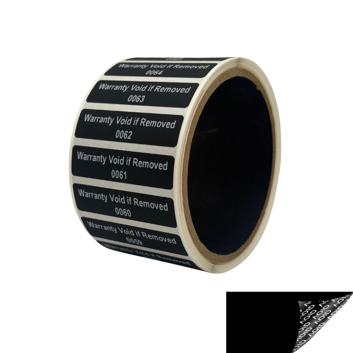 500 Tamper Evident Black Non Residue Security Labels TamperGuard® Seal Sticker, Rectangle 2" x .5" (51mm x 13mm). Printed: Warranty Void if Removed + Serialized