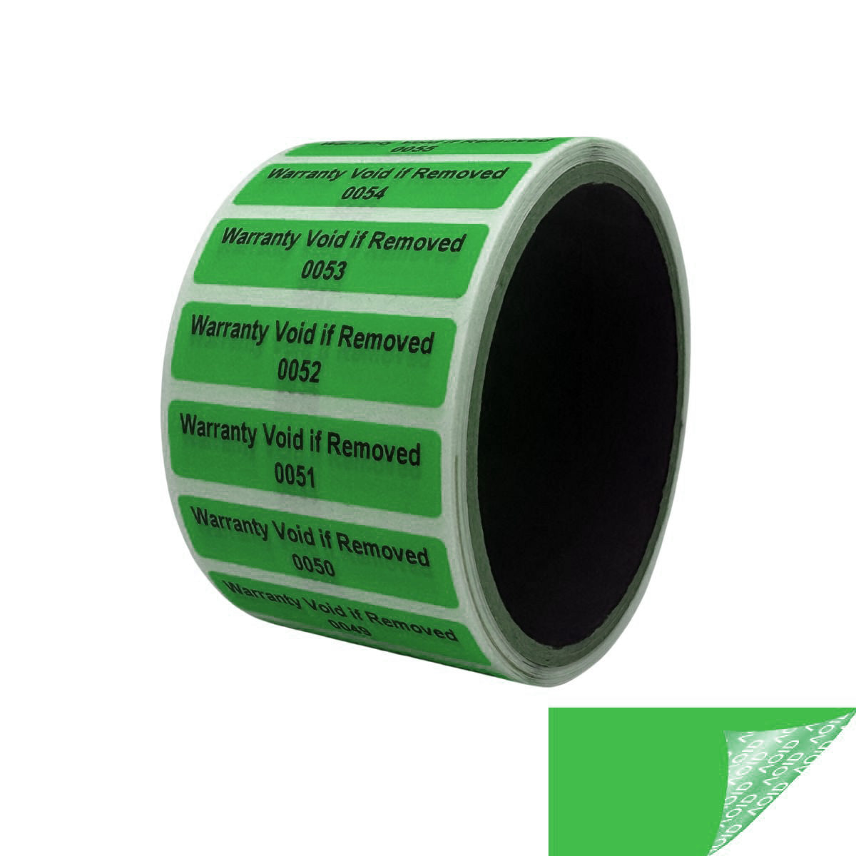 10,000 Tamper Evident Green Non Residue Security Labels TamperGuard® Seal Sticker, Rectangle 2" x .5" (51mm x 13mm). Printed: Warranty Void if Removed + Serialized