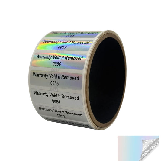 500 Tamper Evident Rainbow Non Residue Security Labels TamperGuard® Seal Sticker, Rectangle 2" x .5" (51mm x 13mm). Printed: Warranty Void if Removed + Serialized