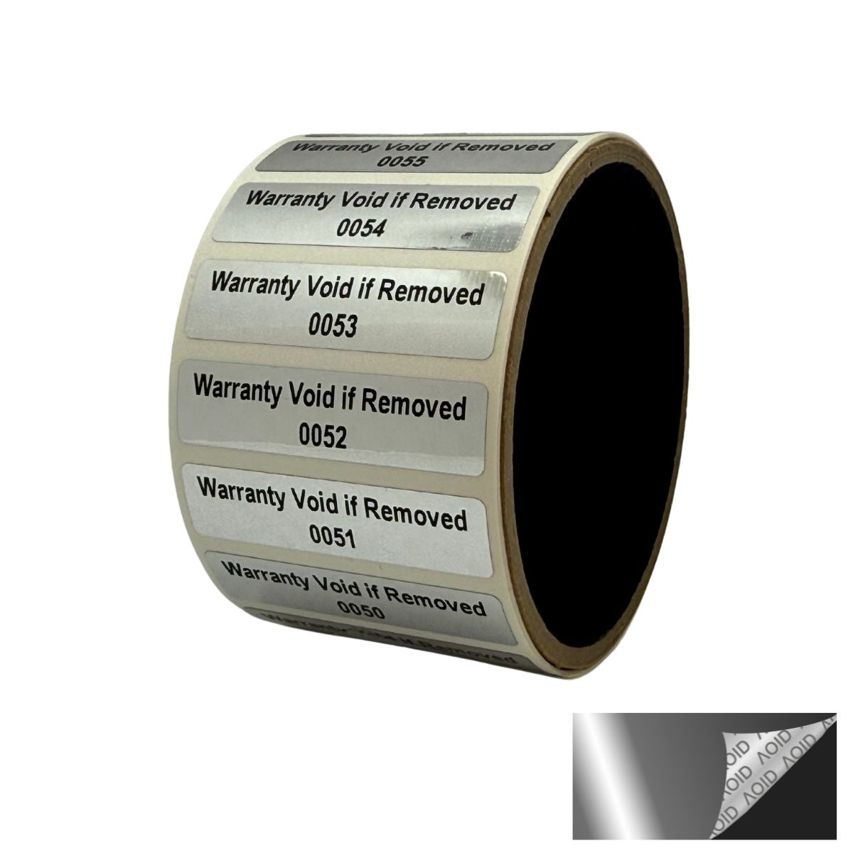 250 Finish Tamper Evident Metallic Silver / Chrome Non Residue Security Labels TamperGuard® Seal Sticker, Rectangle 2" x .5" (51mm x 13mm). Printed: Warranty Void if Removed + Serialized