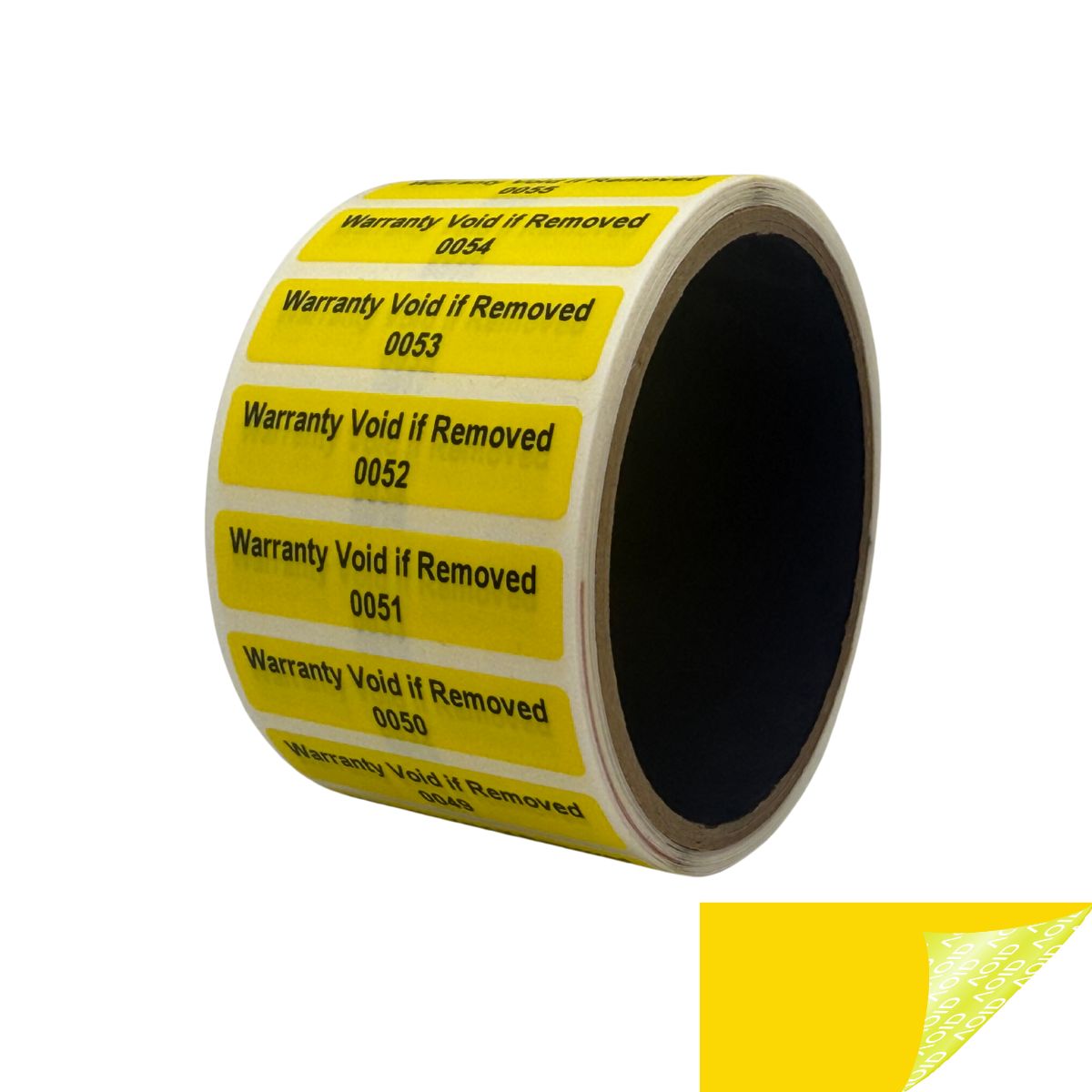 250 Tamper Evident Yellow Non Residue Security Labels TamperGuard® Seal Sticker, Rectangle 2" x .5" (51mm x 13mm). Printed: Warranty Void if Removed + Serialized