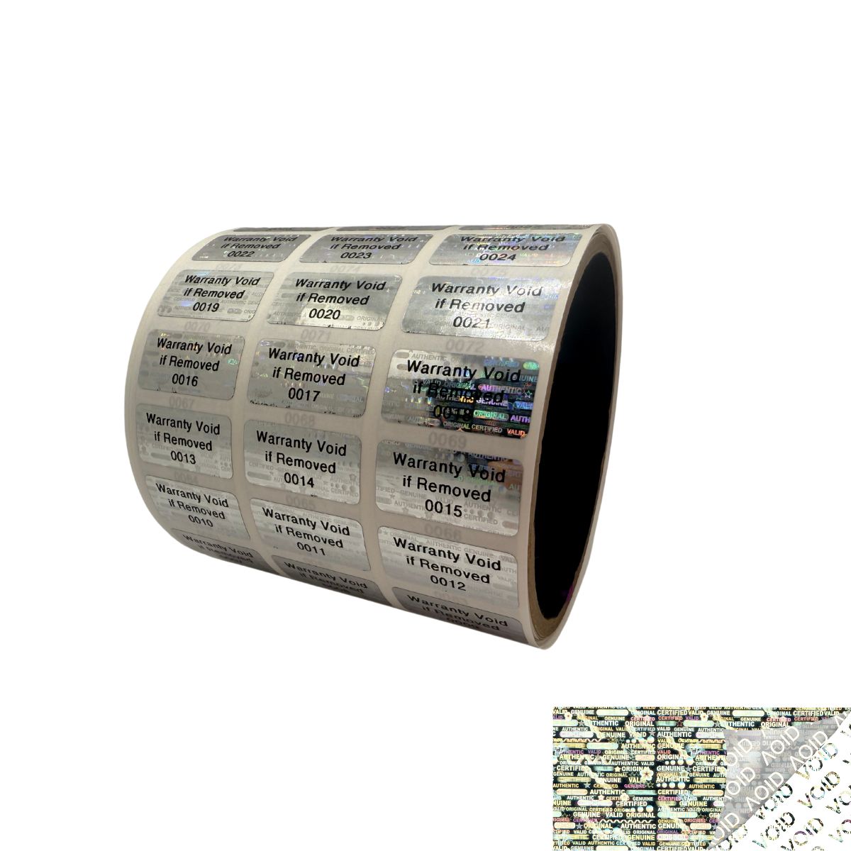 5,000 Silver Tamper Evident Holographic Silver Bright Security Label Seal Sticker TamperMax®, Rectangle 1" x 0.5" (25mm x 13mm). Printed: Warranty Void if Removed + Serialization