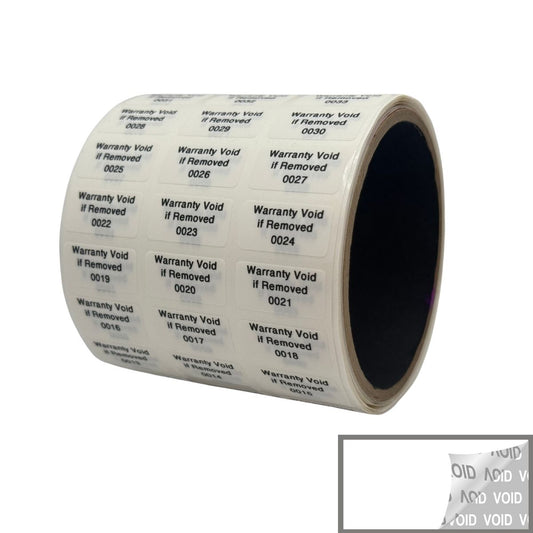 1,000 TamperVoidPro® White Tamper Evident Security Labels Seal Sticker, Rectangle 1" x 0.5" (25mm x 13mm). Printed: Warranty Void if Label Removed + Serialization.