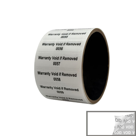1,000 TamperVoidPro® White Tamper Evident Security Labels Seal Sticker, Rectangle 2" x 0.5" (51mm x 13mm). Printed: Warranty Void if Label Removed + Serialization.