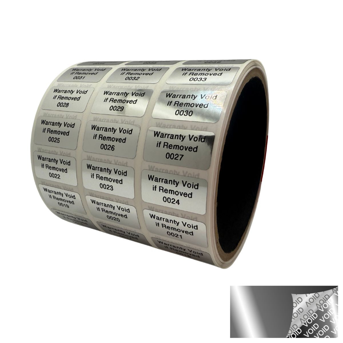 1,000 TamperVoid® Metallic Silver Chrome Tamper Evident Security Labels Seal Sticker, Rectangle 1" x 0.5" (25mm x 13mm). Printed: Warranty Void if Label Removed + Serialization