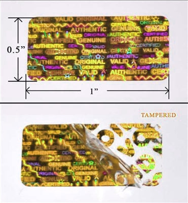 1,000 Gold Tamper Evident Holographic Security Label Seal Sticker, Rectangle 1" x 0.5" (25mm x 13mm).