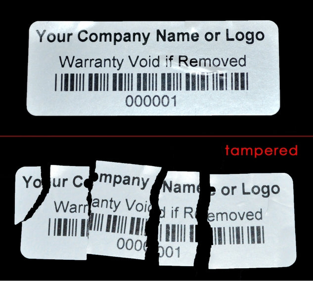 10,000 Destructible Security Stickers White Size 1" x 0.375" (25mm x 9mm), Custom Print. >Click on item details to customize.
