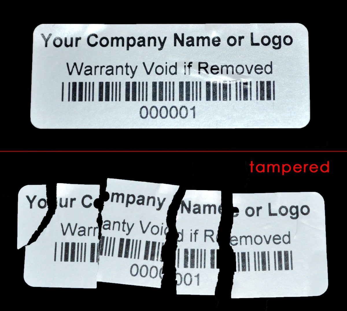 5,000 Destructible Security Stickers White Size 2" x 0.75" (51mm x 19mm), Custom Print. >Click on item details to customize.