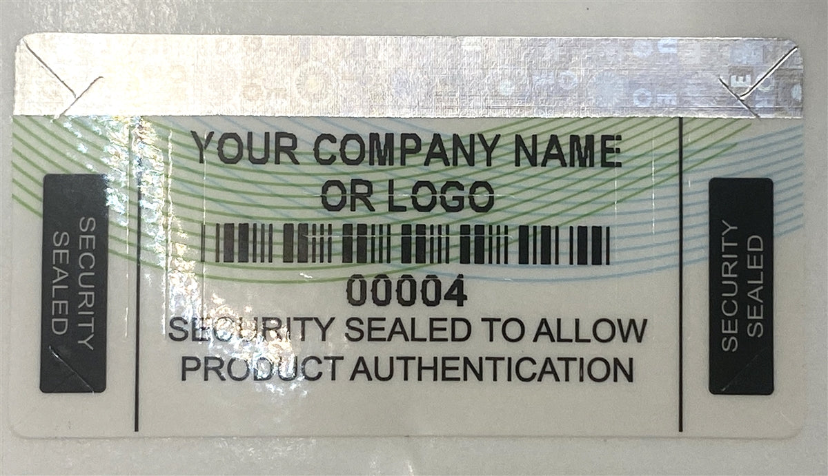 5,000 Security Label with Holographic Stripe Partially Destructible Size 2" x 1" (51mm x 25mm). >Click on item details to customize.