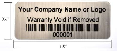 10,000 Custom Printed Asset Identification Security Stickers with Brushed Chrome Finish Size 1.5" x 0.6" (38mm x 15mm) >Click on item details to customize.