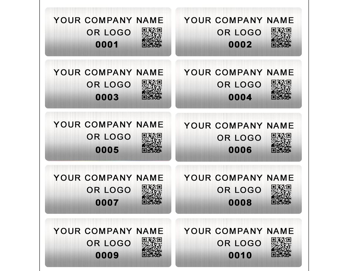 500 Custom Printed Asset Identification Security Stickers with Brushed Chrome Finish Size 1.5" x 0.6" (38mm x 15mm) >Click on item details to customize.