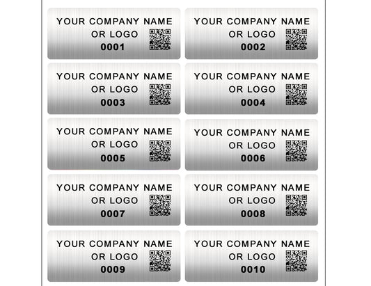 500 Custom Printed Asset Identification Security Stickers with Brushed Chrome Finish Size 1.5" x 0.6" (38mm x 15mm) >Click on item details to customize.