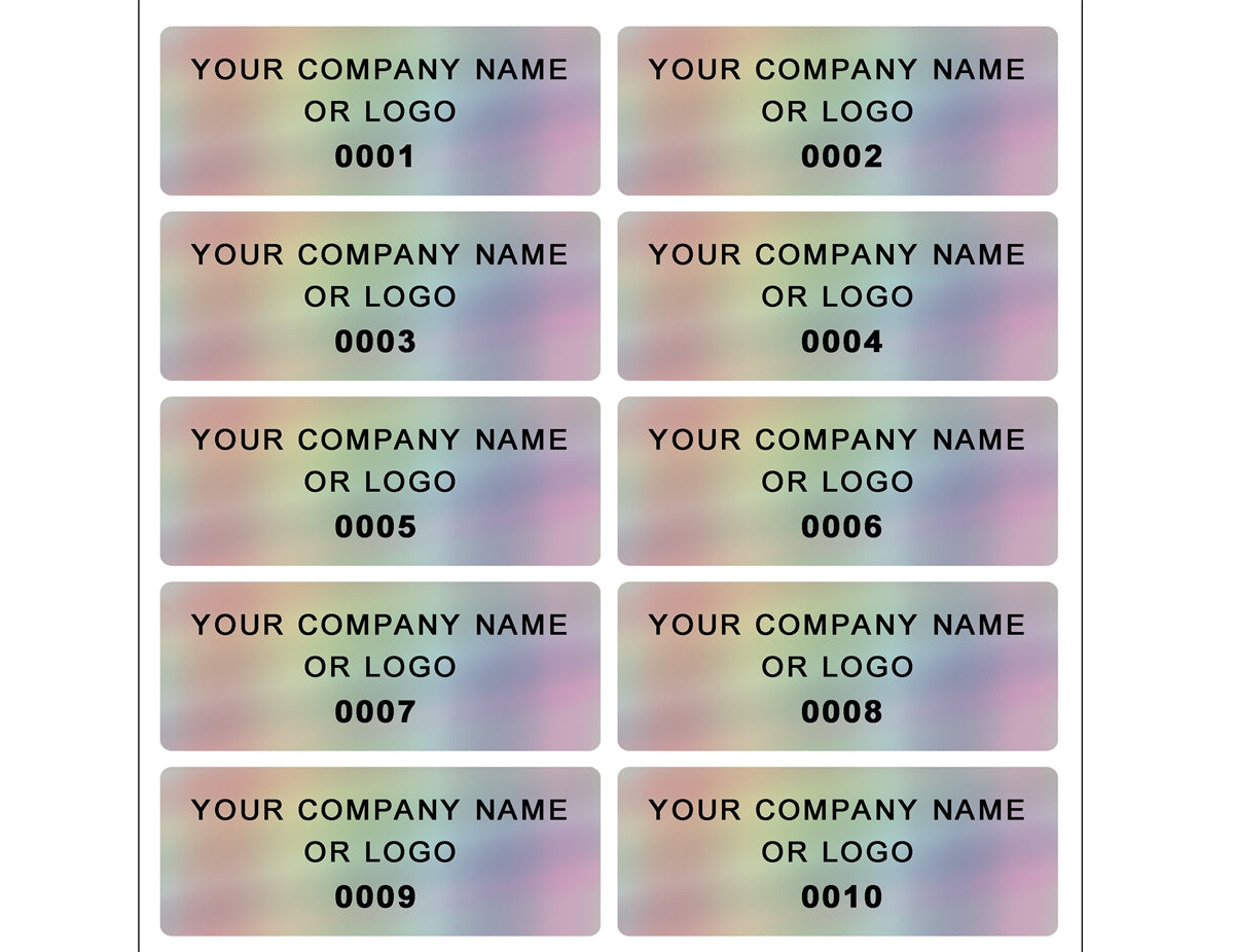250 Custom Printed Asset Identification Security Stickers with Holographic Rainbow Finish Size 1.5" x 0.6" (38mm x 15mm) >Click on item details to customize.
