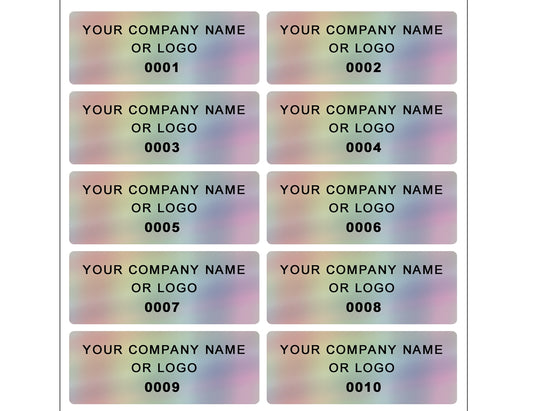 500 Custom Printed Asset Identification Security Stickers with Holographic Rainbow Finish Size 1.5" x 0.6" (38mm x 15mm) >Click on item details to customize.