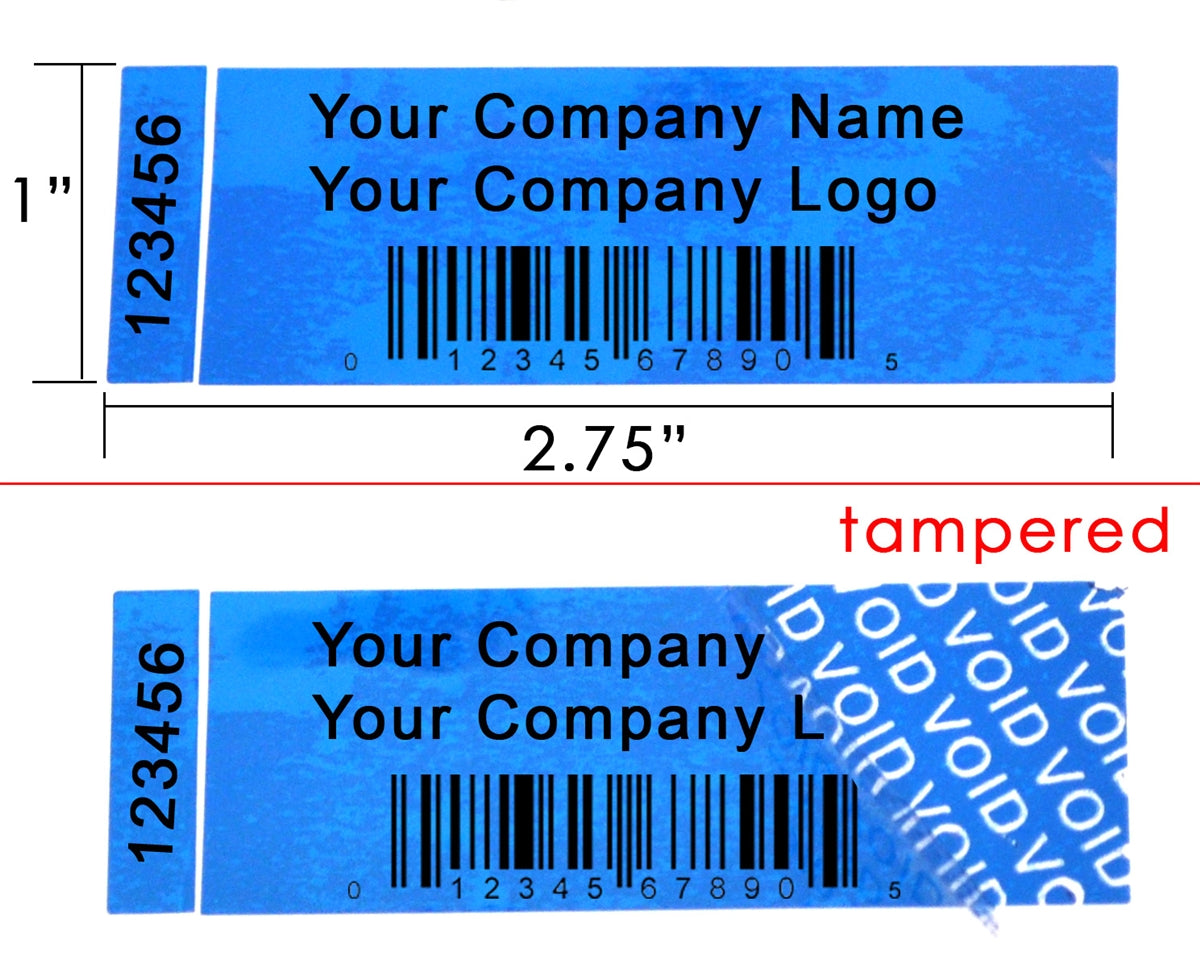 2,000 TamperColor® Blue Custom Printed Security Labels: Tamper Evident, Rectangle 2.75" x 1" (70mm x 25mm) >Click on item details to customize.