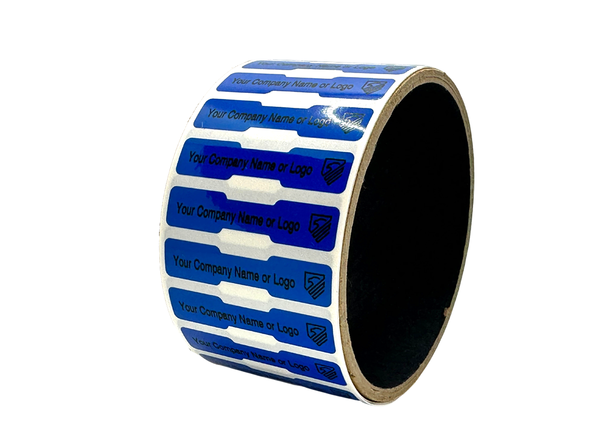 1,000 TamperColor® Blue Custom Printed Security Labels: Dogbone Shape Size 1.75" x 0.375 (44mm x 9mm) >Click on item details to customize.