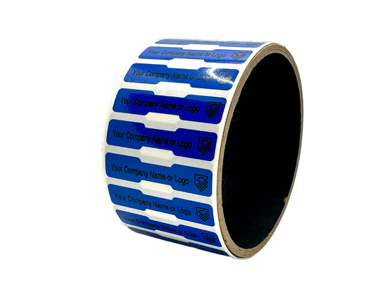 5,000 TamperColor® Blue Custom Printed Security Labels: Dogbone Shape Size 1.75" x 0.375 (44mm x 9mm) >Click on item details to customize.