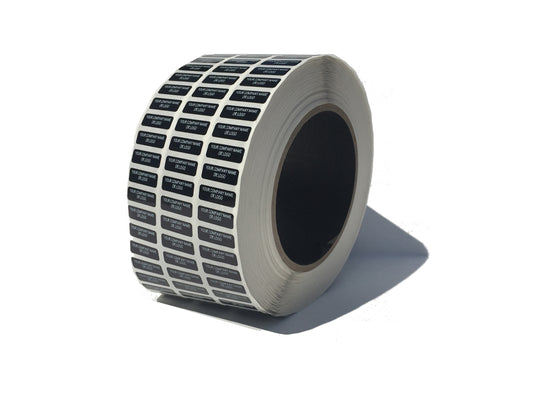 2,000 TamperColor® Black Custom Printed Security Labels: Tamper Evident, Rectangle 0.75" x 0.25" (19mm x 6mm) >Click on item details to customize.