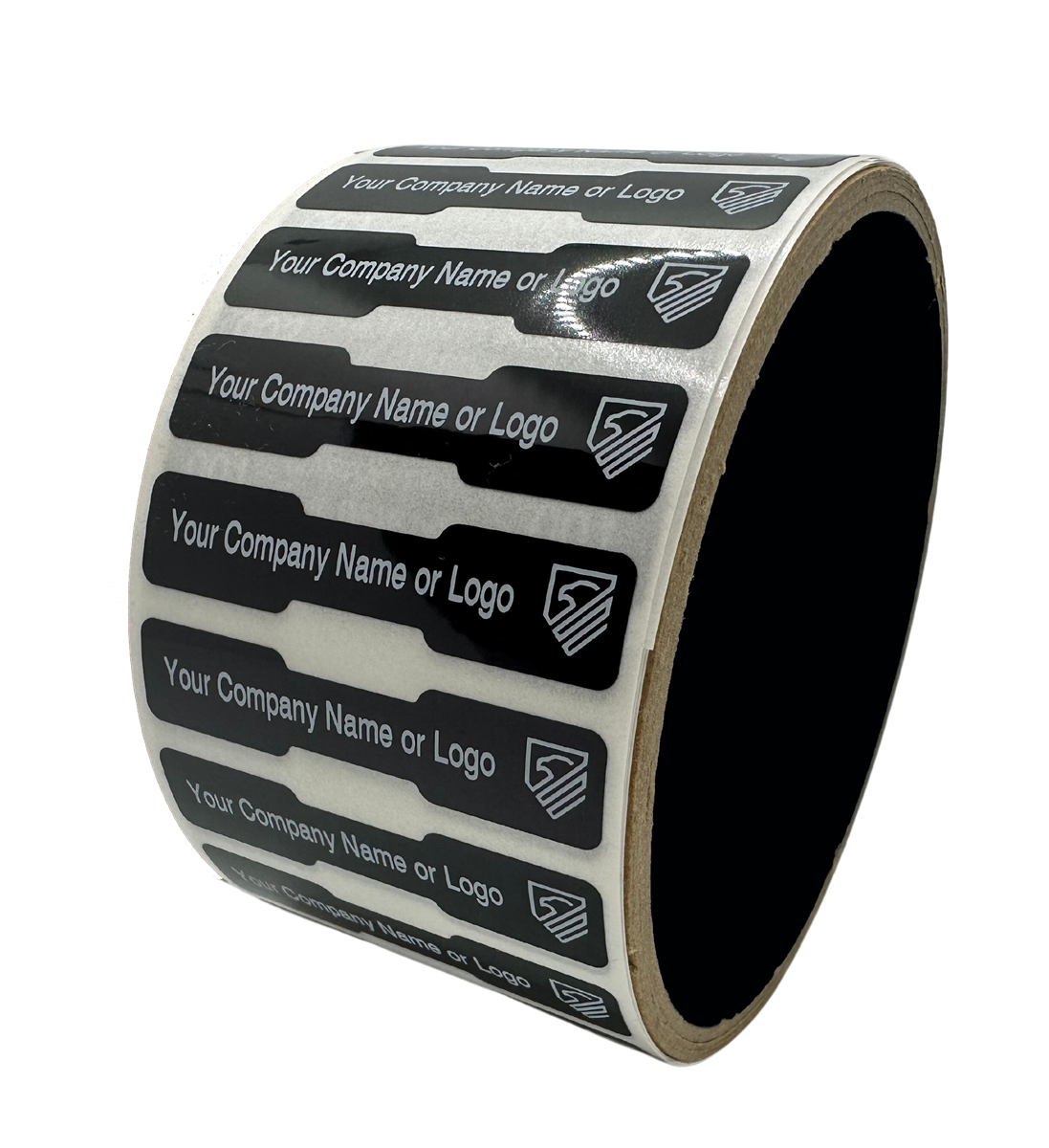 1,000 TamperColor® Black Custom Printed Security Labels: Tamper Evident, Dogbone Shape Size 1.75" x 0.375 (44mm x 9mm) >Click on item details to customize.