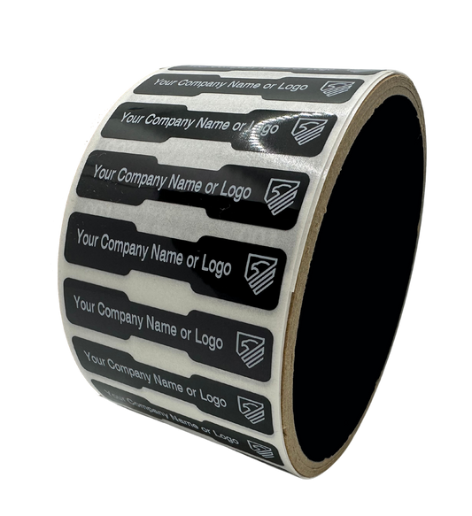 2,000 TamperColor® Black Custom Printed Security Labels: Tamper Evident, Dogbone Shape Size 1.75" x 0.375 (44mm x 9mm) >Click on item details to customize.
